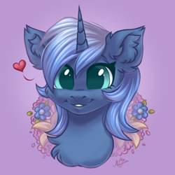 Size: 2000x2000 | Tagged: safe, artist:ariamidnighters, oc, oc only, oc:double colon, pony, unicorn, avatar, bust, commission, ear fluff, female, flower, heart, high res, horn, looking at you, portrait, signature, smiling, solo, ych result