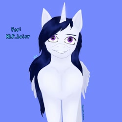 Size: 768x768 | Tagged: safe, artist:starly_but, oc, oc only, alicorn, pony, alicorn oc, blue background, horn, simple background, smiling, solo, wings