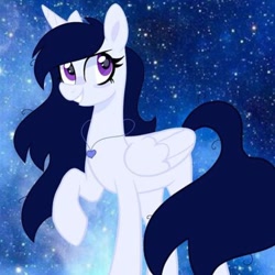 Size: 778x778 | Tagged: safe, artist:starly_but, oc, oc only, alicorn, pony, alicorn oc, eyelashes, horn, jewelry, necklace, raised hoof, smiling, solo, space, stars, wings