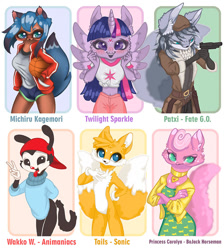 Size: 840x939 | Tagged: safe, artist:aluminaki aelah, twilight sparkle, alicorn, cat, tanooki, anthro, g4, :d, :p, animaniacs, backwards ballcap, baseball cap, bna: brand new animal, bojack horseman, cap, clothes, crossed arms, crossover, cutie mark, cutie mark on clothes, fate/grand order, female, hat, jewelry, male, michiru kagemori, miles "tails" prower, necklace, one of these things is not like the others, open mouth, pants, patxi, peace sign, princess carolyn, six fanarts, smiling, sonic the hedgehog (series), tongue out, twilight sparkle (alicorn), unamused, wakko warner