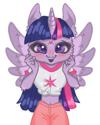 Size: 630x793 | Tagged: safe, alternate version, artist:aluminaki aelah, twilight sparkle, alicorn, anthro, g4, :d, blushing, clothes, cutie mark, cutie mark on clothes, female, open mouth, pants, simple background, smiling, solo, twilight sparkle (alicorn), white background