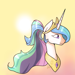 Size: 4096x4096 | Tagged: safe, artist:thesilverlightshines, princess celestia, alicorn, pony, g4, alternate hairstyle, bust, crown, female, jewelry, mare, peytral, ponytail, portrait, regalia, signature, smiling, solo, sun