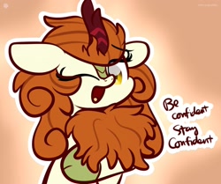 Size: 1920x1604 | Tagged: dead source, safe, artist:php142, autumn blaze, kirin, g4, awwtumn blaze, chest fluff, confident, cute, eye clipping through hair, one eye closed, open mouth, positive message, simple background, solo, wink