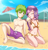 Size: 1854x1920 | Tagged: safe, artist:thebrokencog, spike, sweetie belle, human, g4, anime, beach, belly button, bikini, clothes, commission, feet, female, food, humanized, ice cream, male, male feet, one eye closed, sand, ship:spikebelle, shipping, shorts, straight, swimsuit, water, wink