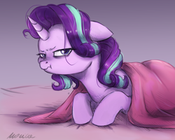 Size: 2259x1806 | Tagged: safe, artist:buttersprinkle, starlight glimmer, pony, unicorn, :t, angry, bags under eyes, bed, blanket, cute, ears back, female, frown, glare, glimmerbetes, grumpy, looking at you, madorable, mare, messy mane, misleading thumbnail, morning ponies, nose wrinkle, not a morning pony, prone, scrunchy face, solo, starlight glimmer is not amused, stray strand, unamused