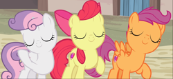 Size: 1598x733 | Tagged: safe, screencap, apple bloom, scootaloo, sweetie belle, earth pony, pegasus, pony, unicorn, g4, hard to say anything, adorabloom, cropped, cute, cutealoo, cutie mark, cutie mark crusaders, diasweetes, eyes closed, female, mane flip, raised hoof, smiling, the cmc's cutie marks, trio