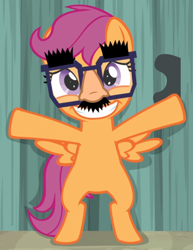 Size: 690x893 | Tagged: safe, screencap, scootaloo, pony, g4, hard to say anything, against wall, awkward smile, bipedal, cropped, female, groucho mask, shimmering spectacles, smiling, solo