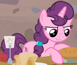 Size: 844x720 | Tagged: safe, screencap, sugar belle, pony, unicorn, g4, hard to say anything, cropped, determined, female, focused, food, mare, pie, smiling, solo