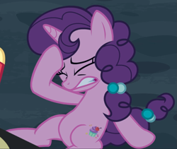 Size: 1021x860 | Tagged: safe, screencap, sugar belle, pony, g4, hard to say anything, cropped, eyes closed, female, injured, sitting, solo