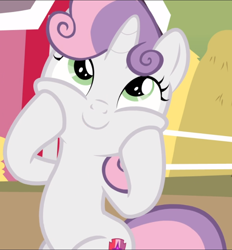 Size: 870x939 | Tagged: safe, screencap, sweetie belle, pony, g4, hard to say anything, cheek squish, cropped, cute, diasweetes, female, hooves on cheeks, smiling, solo, squishy cheeks