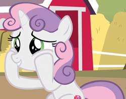 Size: 1183x936 | Tagged: safe, screencap, sweetie belle, pony, g4, hard to say anything, cheek squish, cropped, cute, diasweetes, female, hooves on cheeks, sitting, smiling, solo, squishy cheeks