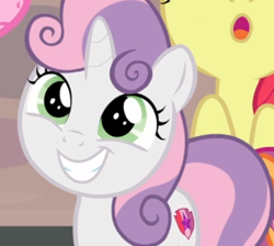 Size: 500x447 | Tagged: safe, screencap, apple bloom, sweetie belle, earth pony, pony, unicorn, g4, hard to say anything, cropped, cute, diasweetes, female, filly, foal, offscreen character, smiling