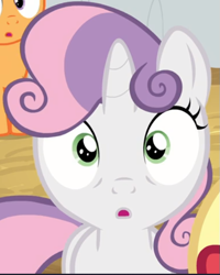 Size: 495x618 | Tagged: safe, screencap, sweetie belle, pony, g4, the break up breakdown, cropped, female, looking at you, offscreen character, shocked, solo