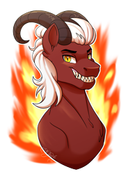 Size: 2171x3000 | Tagged: safe, artist:jack-pie, oc, oc only, oc:bakki, demon, pony, fangs, fire, high res, horns, simple background, smiling, solo, transparent background