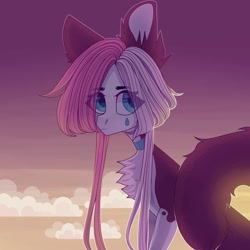 Size: 1080x1080 | Tagged: safe, artist:fotiles_art, oc, oc only, earth pony, pony, chest fluff, choker, cloud, earth pony oc, eye clipping through hair, outdoors, solo, twilight (astronomy)