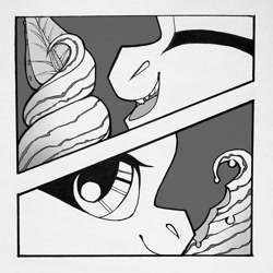 Size: 1080x1080 | Tagged: safe, artist:fotiles_art, oc, oc only, earth pony, pony, bust, comic, earth pony oc, eating, eyes closed, food, grayscale, ice cream, monochrome, open mouth, smiling