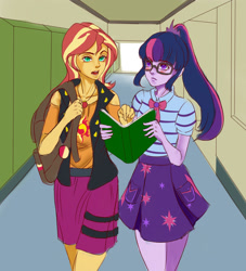 Size: 2000x2200 | Tagged: safe, artist:reinver, sci-twi, sunset shimmer, twilight sparkle, equestria girls, g4, my little pony equestria girls: better together, blushing, book, geode of empathy, geode of telekinesis, high res, implied lesbian, implied scitwishimmer, implied shipping, lockers, magical geodes, open mouth, school