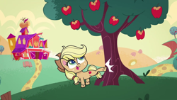 Size: 1920x1080 | Tagged: safe, screencap, applejack, earth pony, pony, g4.5, my little pony: pony life, :p, apple, applebucking, chibi, cowboy hat, cute, falling, female, food, hat, jackabetes, kicking, looking up, mare, solo, sweet apple acres, theme song, tongue out, tree, unshorn fetlocks