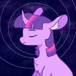 Size: 1080x1080 | Tagged: safe, artist:halomalwina, twilight sparkle, pony, unicorn, g4, abstract background, bust, chest fluff, curved horn, ear fluff, eyes closed, female, horn, mare, smiling, solo, unicorn twilight