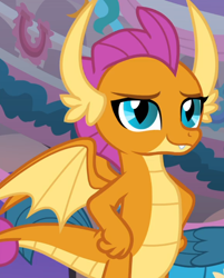 Size: 752x936 | Tagged: safe, screencap, gallus, smolder, dragon, griffon, g4, she's all yak, cropped, dragoness, female, hand on hip, looking at you, smiling, solo focus