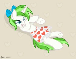 Size: 1280x996 | Tagged: safe, artist:redpalette, oc, oc only, oc:minty root, pony, unicorn, bow, boxers, clothes, cute, heart, heart print underwear, smiling, solo, underwear