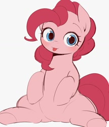 Size: 1009x1174 | Tagged: dead source, safe, artist:manachaaaaaaaa, pinkie pie, earth pony, pony, g4, :p, blushing, cute, diapinkes, female, looking at you, mare, simple background, sitting up, solo, tongue out