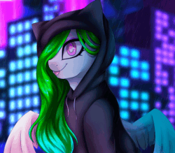 Size: 640x560 | Tagged: safe, artist:rinikka, oc, oc only, oc:aurora wing, pegasus, pony, aeroverse, animated, blinking, building, clothes, commission, eyeshadow, female, floppy ears, gif, hoodie, makeup, mare, rain, spread wings, wings