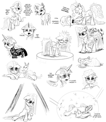 Size: 4500x5140 | Tagged: safe, artist:chopsticks, pear butter, pinkie pie, starlight glimmer, trixie, twilight sparkle, alicorn, earth pony, pegasus, pony, unicorn, a royal problem, father knows beast, filli vanilli, g4, hurricane fluttershy, no second prances, once upon a zeppelin, party of one, the ending of the end, the perfect pear, yakity-sax, bone, butt fluff, cheek fluff, chest fluff, crying, decaying, depressed, dialogue, drink, ear fluff, faceplant, female, flower, food, grayscale, heart, heartbreak, lying down, mare, monochrome, pinkamena diane pie, shield, sitting, sketch, tea, text, twilight sparkle (alicorn), unshorn fetlocks, x-ray