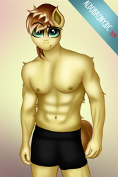 Size: 3000x4500 | Tagged: safe, artist:aldobronyjdc, feather bangs, earth pony, anthro, g4, abs, boxers, clothes, digital art, half naked, looking at you, male, muscles, nudity, partial nudity, pecs, simple background, smiling, smiling at you, solo, topless, underwear