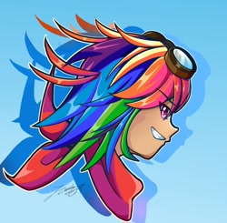 Size: 1380x1350 | Tagged: safe, artist:phoenixgoldensilver, rainbow dash, human, anime, bust, female, goggles, humanized, portrait, sidemouth, solo, white outline