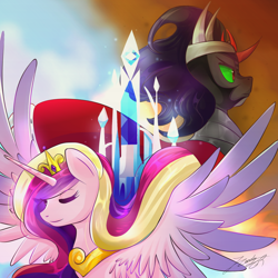 Size: 2000x2000 | Tagged: safe, artist:phoenixgoldensilver, king sombra, princess cadance, alicorn, pony, unicorn, g4, crystal empire, duo, female, high res, male, mare, spread wings, stallion, wings