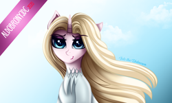 Size: 5000x3000 | Tagged: safe, artist:aldobronyjdc, pony, unicorn, clothes, cloud, elsa, female, frozen (movie), into the unknown, long hair, looking at you, movie character, ponified, simple background, smiling, solo, text, wind