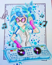 Size: 912x1140 | Tagged: safe, artist:your.millye, dj pon-3, vinyl scratch, human, equestria girls, g4, bust, clothes, female, fingerless gloves, gloves, headphones, humanized, music notes, signature, solo, sunglasses, traditional art, turntable