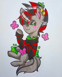 Size: 1080x1350 | Tagged: safe, artist:your.millye, oc, oc only, butterfly, earth pony, pony, blushing, clothes, ear piercing, earring, earth pony oc, eyes closed, jewelry, piercing, smiling, solo, traditional art, underhoof