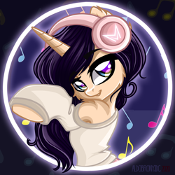 Size: 2000x2000 | Tagged: safe, artist:aldobronyjdc, oc, oc only, oc:melody verve, pony, unicorn, beautiful, blouse, clothes, cute, digital art, digitalization, female, half body, headphones, high res, looking at you, music, music notes, sexy, sketch used, solo