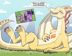 Size: 6600x5100 | Tagged: safe, artist:strangerdanger, part of a set, spike, sunset shimmer, twilight sparkle, alicorn, dragon, pony, series:beeg sunny derg, g4, alternative cutie mark placement, amused, cloud, crossed arms, crying, dialogue, dragoness, dragonified, facehoof, female, giant dragon, giant pony, giantess, growth, laughing, macro, male, mega giant, mirror, mountain, part of a series, signature, silly, species swap, spike is not amused, sunset dragon, tears of laughter, teary eyes, tree, unamused