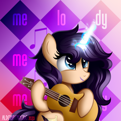 Size: 3000x3000 | Tagged: safe, artist:aldobronyjdc, oc, oc only, oc:melody verve, pony, unicorn, base used, cute, cutie mark, female, guitar, happy, high res, magic, music notes, musical instrument, playing guitar, simple background, sitting, solo, text