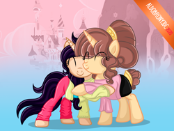Size: 2000x1500 | Tagged: safe, artist:aldobronyjdc, oc, oc:celine, oc:melody verve, pony, unicorn, blouse, braid, clothes, cute, duo, eyes closed, gift art, happy, hug, hugging a pony, pants, simple background, standing, sweater