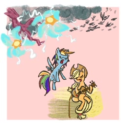 Size: 588x594 | Tagged: safe, artist:laya-21, applejack, rainbow dash, bird, earth pony, pegasus, pony, g4, duo, female, guitar, hay bale, lesbian, musical instrument, ship:appledash, shipping