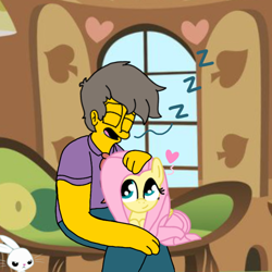 Size: 768x768 | Tagged: safe, artist:haileykitty69, angel bunny, fluttershy, human, pegasus, pony, rabbit, g4, animal, crack shipping, crossover, crossover shipping, female, fluttermour, male, mare, onomatopoeia, seymour skinner, shipping, sleepy, sound effects, the simpsons, zzz