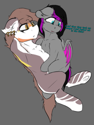 Size: 753x1000 | Tagged: safe, artist:scarrly, oc, oc:scarrly, bat pony, dialogue, fangs, female, question mark, sitting on lap, size difference, underhoof