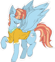 Size: 1040x1180 | Tagged: safe, artist:dashkatortik12222222, artist:millerrachel, windy whistles, pegasus, pony, g4, clothes, collaboration, covered eyes, cute, female, hair over eyes, mare, raised hoof, shirt, simple background, smiling, solo, spread wings, transparent background, windybetes, wings