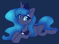 Size: 1890x1395 | Tagged: safe, artist:arjinmoon, princess luna, alicorn, pony, g4, blue background, chest fluff, cute, female, looking at you, lunabetes, lying down, mare, prone, simple background, smiling, solo
