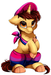 Size: 2343x3395 | Tagged: safe, artist:pridark, oc, oc only, oc:ethereal divide, pony, unicorn, adorable face, baggy sweatpants, bisexual colors, bisexual pride flag, bisexuality, cap, cloven hooves, cute, hat, high res, looking at you, male, neckerchief, pride, pride flag, pride month, shy, sitting, solo, stallion, tail