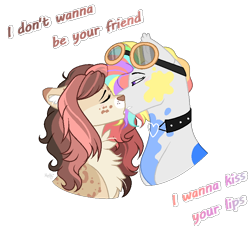 Size: 786x709 | Tagged: safe, artist:mintoria, oc, oc:colored pencils, oc:haley, pony, female, goggles, kissing, lesbian, mare, oc x oc, shipping, simple background, transparent background
