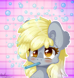 Size: 1800x1900 | Tagged: safe, artist:kindny-chan, derpy hooves, pegasus, pony, g4, abstract background, blushing, bubble, bust, cheek fluff, ear fluff, female, mare, outline, portrait, signature, solo