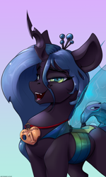Size: 1800x3000 | Tagged: safe, artist:skitsroom, queen chrysalis, changeling, changeling queen, g4, 1st place, changelings in the comments, crown, cute, cutealis, evil smile, facts, female, grin, jewelry, looking at you, mare, medal, open mouth, regalia, simple background, smiling, solo, wings