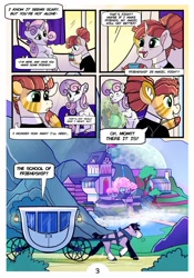 Size: 1024x1463 | Tagged: safe, artist:loryska, sweetie belle, oc, oc:clarabelle, hybrid, pony, zony, comic:friendship grows, g4, adopted offspring, carriage, magic, older, older sweetie belle, parent:sweetie belle, school of friendship