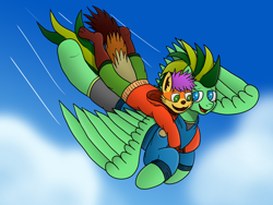 Size: 4032x3024 | Tagged: safe, artist:tacomytaco, oc, oc only, oc:kai, oc:taco.m.tacoson, pegasus, pony, red panda, anthro, anthro with ponies, clothes, duo, flying, furry, hoodie, shorts, sky, smiling, spread wings, wings
