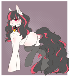 Size: 2929x3278 | Tagged: safe, artist:themstap, oc, oc only, oc:heinrich hirsch, earth pony, pony, blushing, clothes, collar, female, fluffy, fluffy hair, fluffy mane, gift art, high res, makeup, mare, red eyes, sassy, simple background, solo, stockings, thigh highs